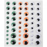 Googly Eyes, D: 6+8+10+12+15 mm, 54 pc, 1 sheet, green, white, orange [HOB-28994]