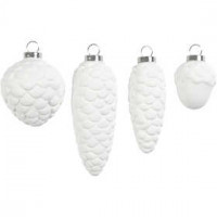 Hanging Ornaments, H: 3.5+5+6.6+8.5 cm, D: 2.5+3+4.5 cm, 4 pcs, white [HOB-50492]