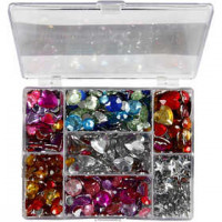 Rhinestones in Display Box, D: 6+7+9+10+11+12+14+16 mm, outer size 16.4x9.2x1.5 cm, 300 pcs, blue, silver, pink [HOB-52315]