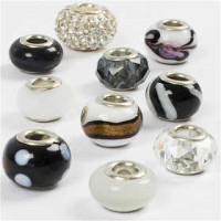 Glass Charm Beads, D: 13-15 mm, hole size 4.5-5 mm, 10 mixed, black/white harmony [HOB-68770]